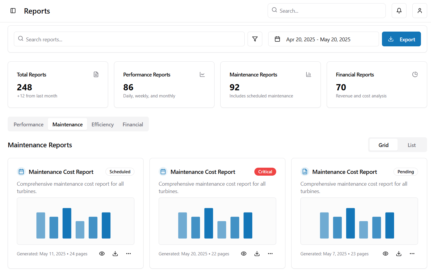Reports dashboard showing maintenance, performance, and financial reporting capabilities
