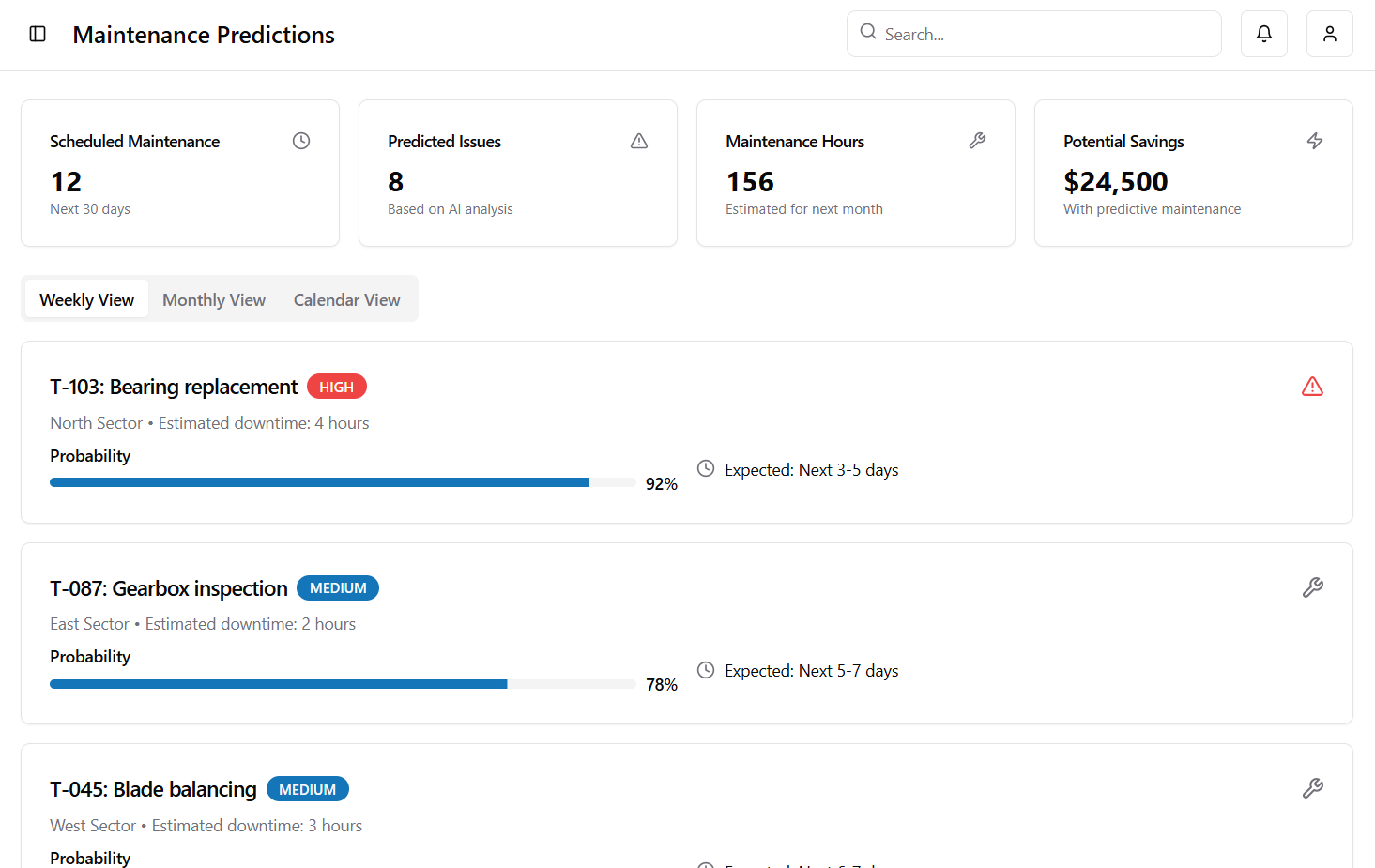Maintenance Predictions interface with predictive analytics and scheduling