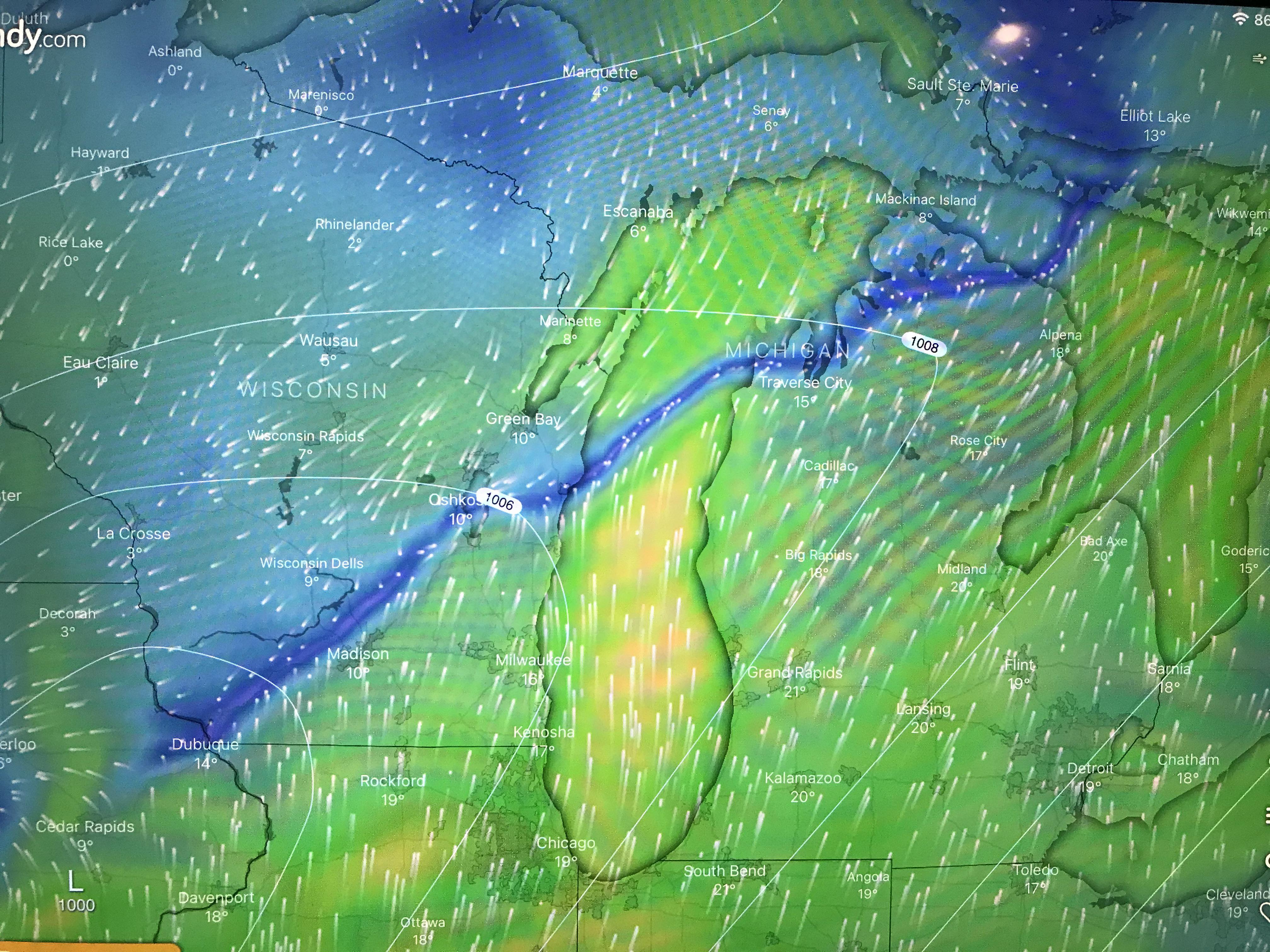 Wind map showing current wind speeds and directions